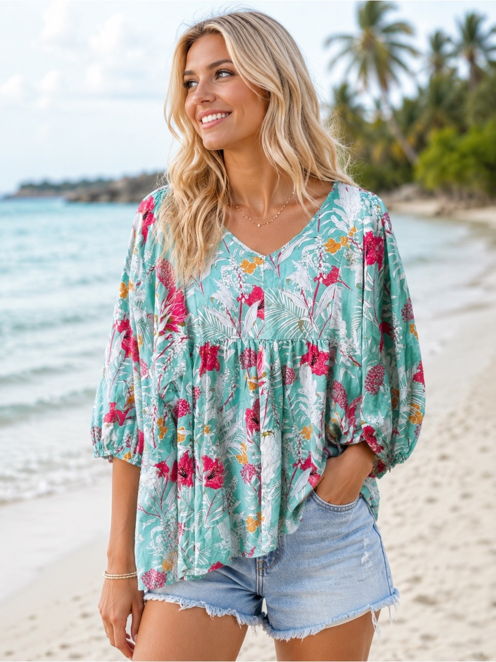 Susan Betro Hawaiian Floral Print Puff Sleeve Blouse Large  sku 413